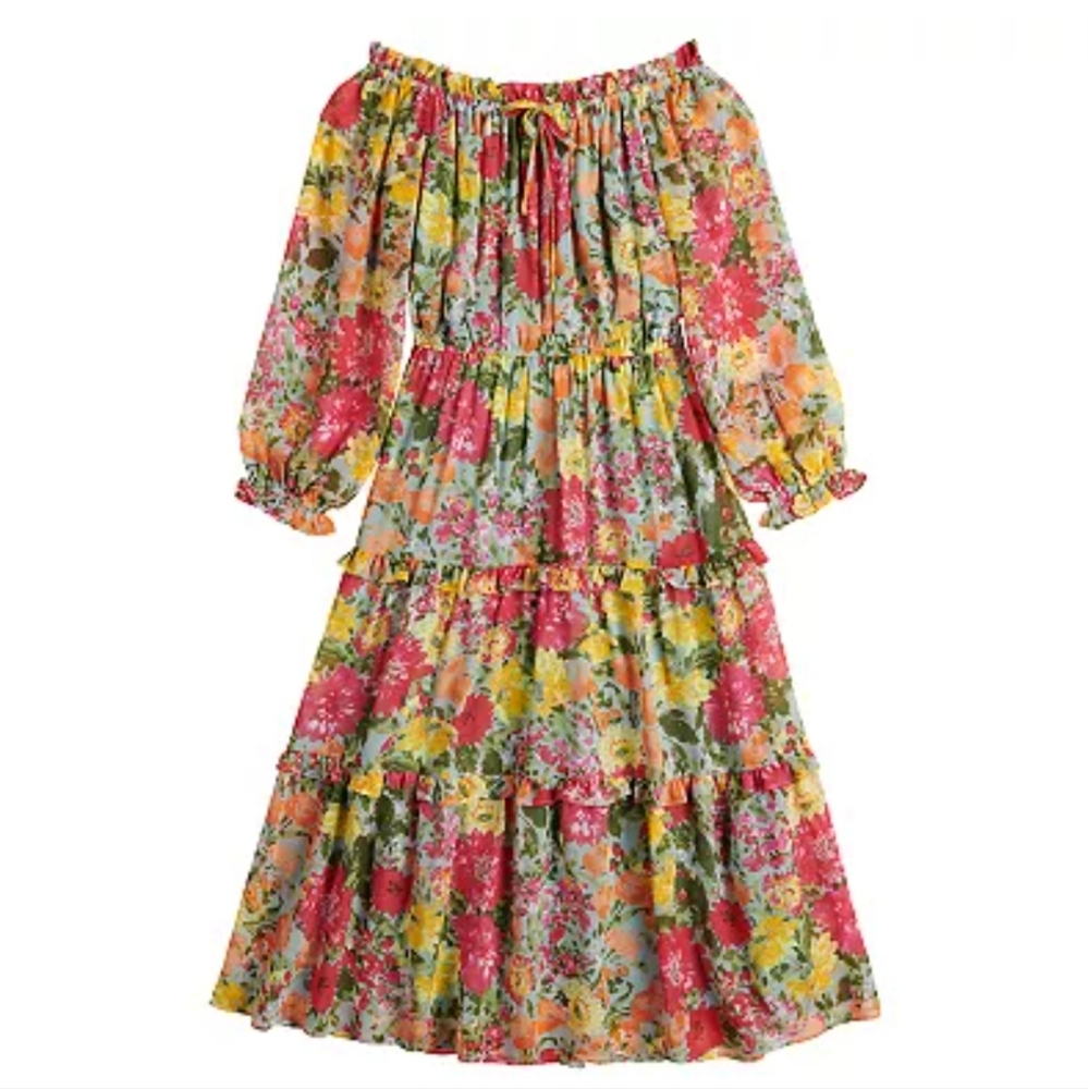 LC Lauren Conrad Off The Shoulder Midi Dress Floral Print Puff Sleeves Boho XL - Picture 2 of 11